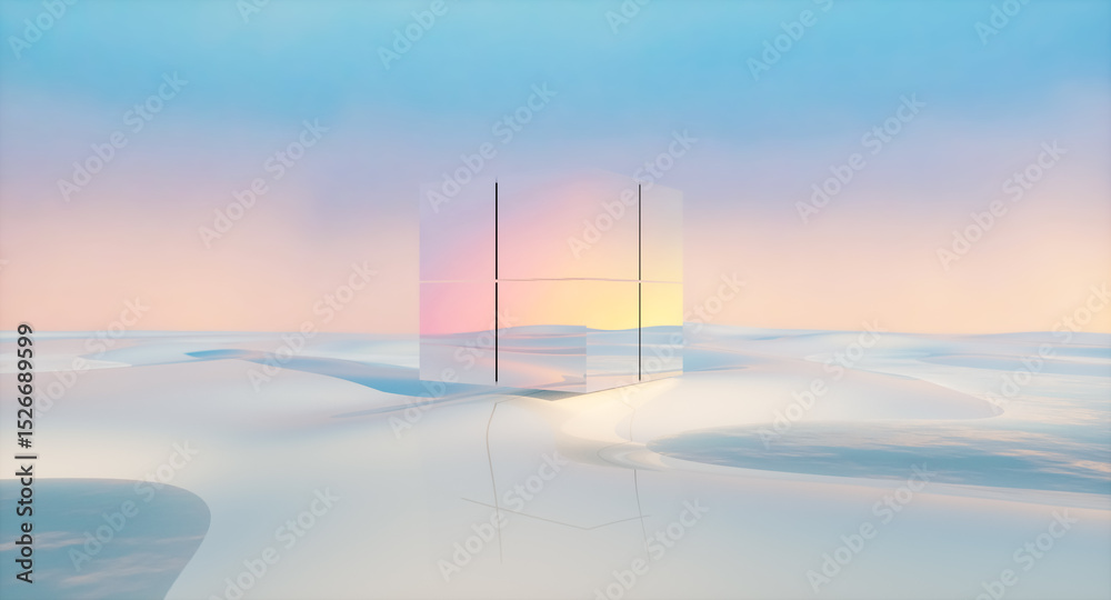 Poster Futuristic 3d landscape background with cube mirror reflection the sky. Innovation technology concept