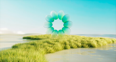 Futuristic 3d landscape background with circle crystal glass. Sustainable technology concept