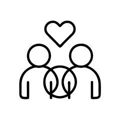 Two people together with a circle and heart symbol above them  