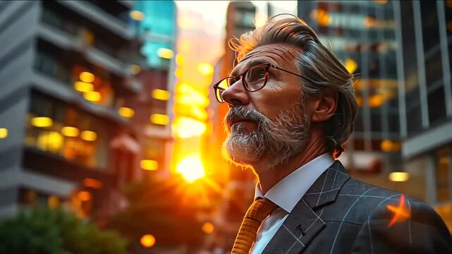 Silver fox contemplates city sunset