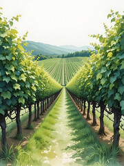 Naklejka premium A watercolor depiction of a vineyard, with varying shades of green representing the rows of grapevines stretching into the distance.