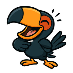 Cheerful toucan cartoon character laughing heartily alone