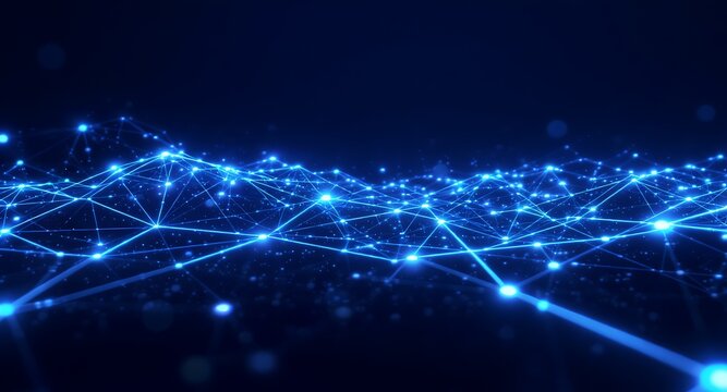 Abstract Blue Digital Network with Glowing Nodes and Connecting Lines on Dark Background Representing Technology and Data - Powered by Adobe