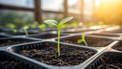 Young Green Seedling Growing in Tray Indoors with Morning Sunlight Shining Through Window in Greenhouse