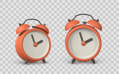 Alarm Clock 3D Icon with Vintage Style in Red and Cream Colors, Shown in Front and Side Views. Perfect for Time, Deadline, and Productivity Themes. Vector Illustration