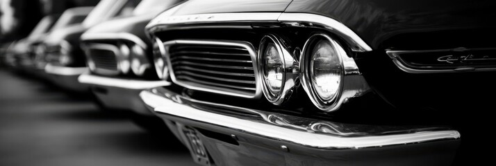 Collector Cars: Classic Car Row with Black and White Vehicles in Vintage Automotive Scene