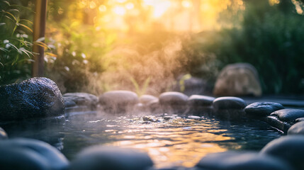 Serene Hot Spring Bath Steaming Water Stones and Tranquil Garden Setting at Sunrise
