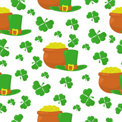 Pot of gold and leprechaun hat, symbols of St. Patrick's Day on a green background