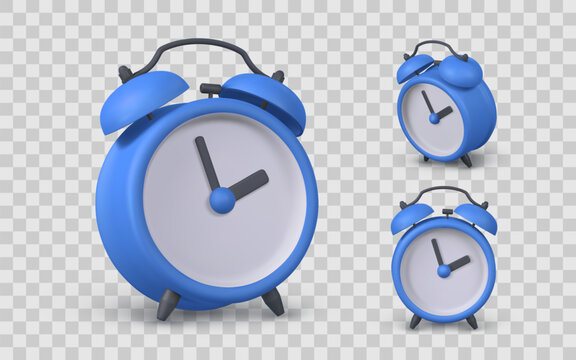 Alarm Clock 3D Icon Set – Blue Retro Style Clock Rendered in Cartoon Look, Perfect for Time Management, Schedule, or Morning Routine Designs. Vector Illustration