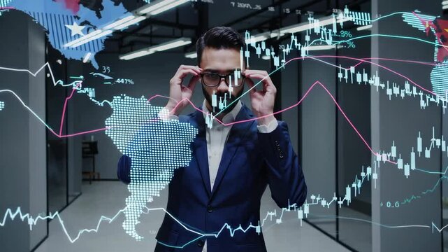 An economist in a suit looking at charts projected on glass, double exposure with American and Chinese flags, overlaid with macroeconomic data, minimalist color palette