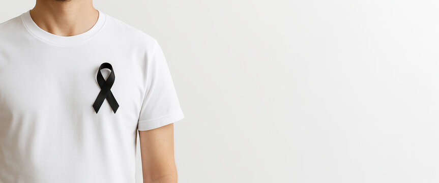 Black awareness ribbon on man white t-shirt. solidarity, support, symbolism in social advocacy, awareness ribbon, melanoma, mourning, skin cancer, Wide banner, copy space, white background