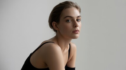 Obraz premium Young caucasian female with dark hair in black top against neutral background