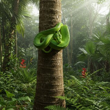 Green Tree Python Coiled on Tropical Tree
