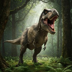 Fototapeta premium Tyrannosaurus Rex Roaring in Prehistoric Forest
