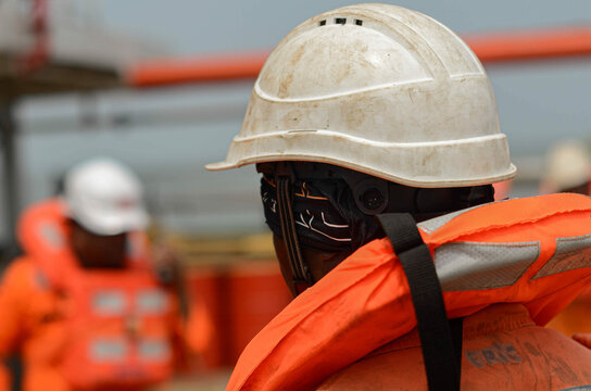 Abandon ship drill on board the ship. Crew mastered in helmets and life jackets to have a training by simulating the emergency situation. Each crewmember shall know his emergency duties.