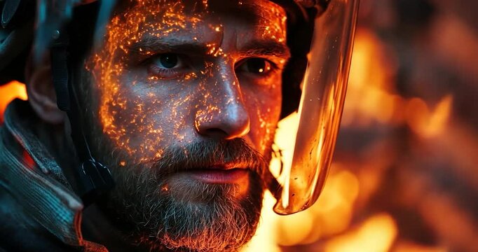 Close up of a person with beard wearing helmet and fire resistant outfit, a realistic face and facial expression, fiery color tones and a shallow focus in a dark background