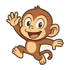 Happy cartoon monkey is jumping with joy and waving hello.