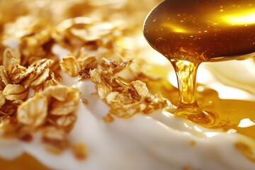 Honey pouring over oats and yogurt in close-up view  