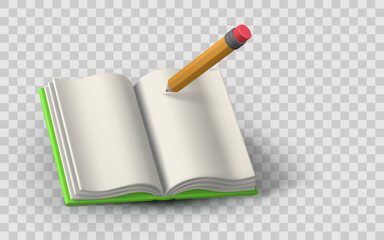 Open Book With Pencil On Transparent Background, 3D Realistic Style, Perfect For Education, Learning, Writing, Or School Concepts. Minimal And Clean Design. Vector Illustration