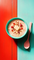 Rustic bowl of hearty rye porridge with butter and berries  