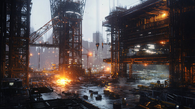 Futuristic Cityscape Rain Soaked Industrial Docks at Night - Powered by Adobe