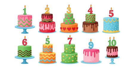 Cartoon Birthday Cakes with Number Candles from One to Ten