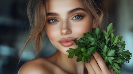 Naklejka premium Radiant Beauty. Woman with Parsley, Blonde Hair, and Blue Eyes, Fresh and Organic Beauty