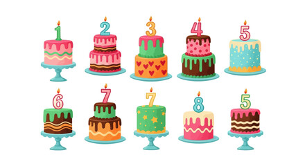 Collection of Ten Colorful Birthday Cakes with Candles