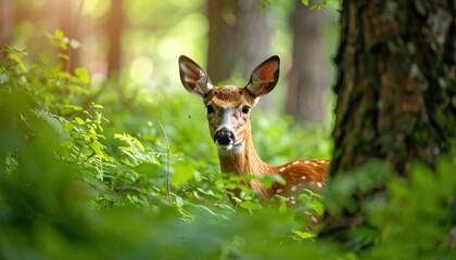 Hidden Gem: A captivating portrait of a graceful deer nestled among lush greenery. The deer's gentle gaze and the soft play of light through the leaves creates a sense of wonder and harmony.