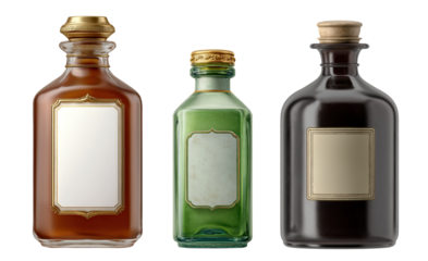 Set of Vintage Glass Apothecary Bottles with Blank Labels Isolated on Transparent PNG
