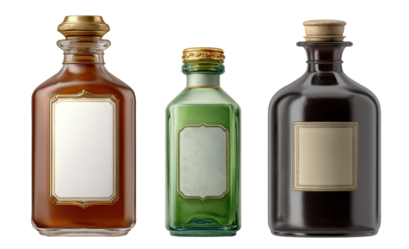 Set of Vintage Glass Apothecary Bottles with Blank Labels Isolated on Transparent PNG
