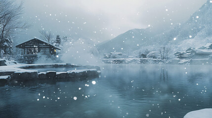 Fototapeta premium Serene Winter Onsen Village Snowfall Hot Springs and Traditional House