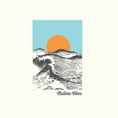 Nature  Vibes sunset ocean waves vector graphic poster