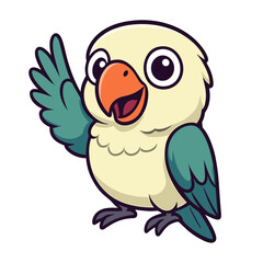 Friendly lovebird waves with its wing in a cartoon style.