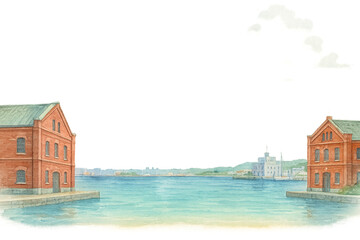 門司港レトロと港の風景を描いた異国情緒漂う夏の港町フレーム（中央余白・透過PNG）