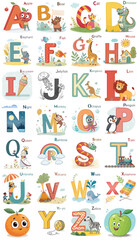 Complete colorful alphabet illustration for children's educational materials featuring animals and objects