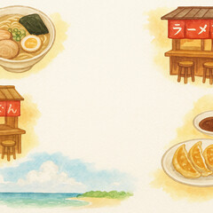 博多ラーメンと屋台を四隅に配した遊び心あるグルメ系夏のフレーム（中央余白・透過PNG）
