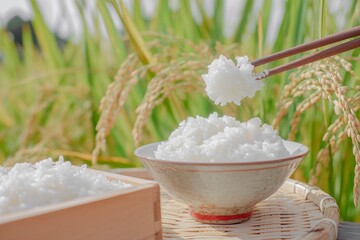 秋に収穫された新米と炊きたてご飯と稲穂