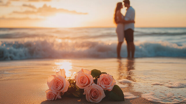 Romantic Sunset Beach Scene Couple Silhouetted Roses on Sand