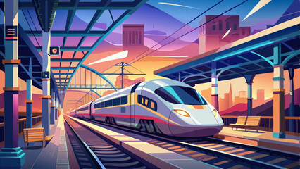 Modern high-speed train arriving at a modern railway station platform during twilight hours, showcasing sleek design and advanced technology .Very beautiful