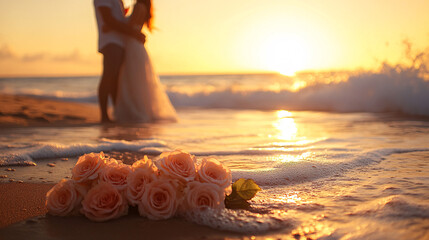 Romantic Sunset Beach Wedding Roses and Couple Embrace at Golden Hour
