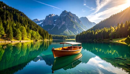 Mountain lake boat sunrise view.