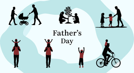 Father's Day illustration with silhouettes of fathers and children activities.