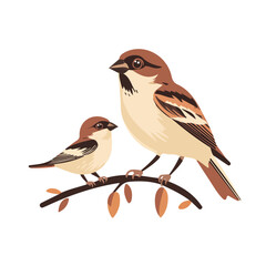 2D flat vector illustration of A Mother Sparrow With Her Kid, isolated on a white background.