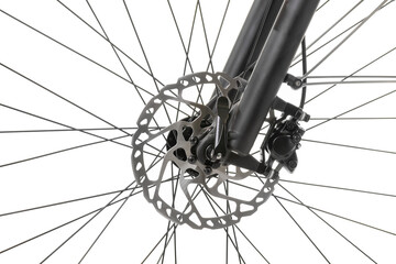 Part of bike brake disc in close up isolated on white. Details of bike front wheel axle disc brake damper.