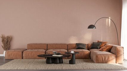 Warm Living Room with Terracotta Modular Sofa