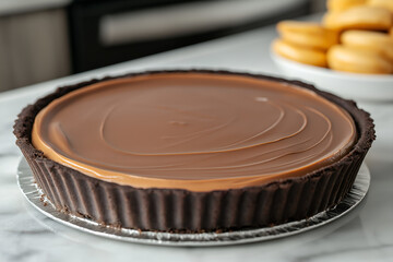 Peanut butter cheesecake with chocolate cookie crust, topped with glossy chocolate ganache