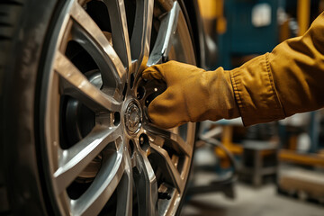 Fototapeta premium Expert Mechanic Working on a Wheel