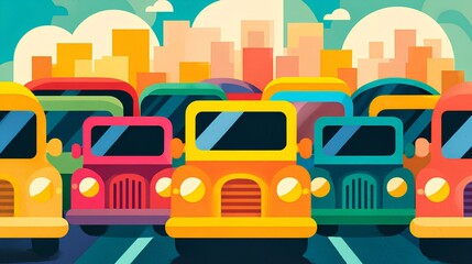 Bright and cheerful illustration of vintage vans cruising through a stylized city, evoking fun, freedom, and retro vibes.