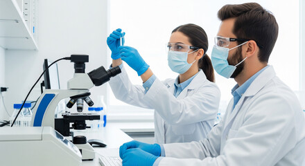 Two scientist working in laboratory wearing lab coats, masks, and gloves conducting research with a microscope and test tube in a modern laboratory setting